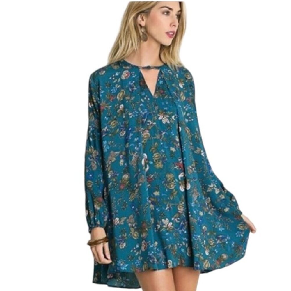 UMGEE Mini Dress Floral Keyhole Trapeze/Swing Teal Green-Blue Sz S #312A